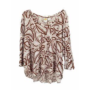 C&C California Linen Top Printed Scoop Neck White Brown Womens Sz 2X
